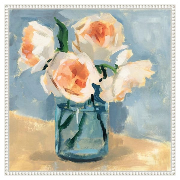 Amanti Art Peonies in Mason Jar II by Victoria Barnes 22 in. W x 22 in. H. Canvas Wall Art Print Framed in White