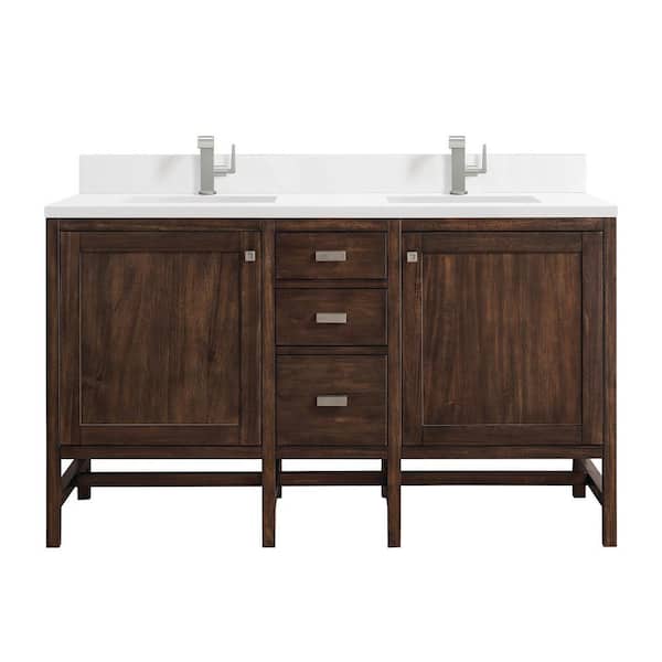 James Martin Vanities Addison 60 in. W x 23.5 in. D x 35.5 in. H Double Vanity in Mid-Century Acacia with White Zeus Quartz Top