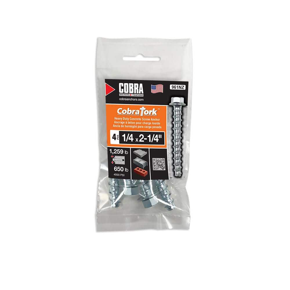 Cobra Tork 1/4 in. x 2-1/4 in. Zinc Plated Concrete Screw Anchors (4-Pack)