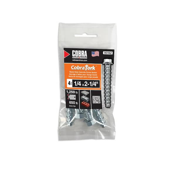 Cobra Tork 1/4 in. x 2-1/4 in. Zinc Plated Concrete Screw Anchors (4-Pack)