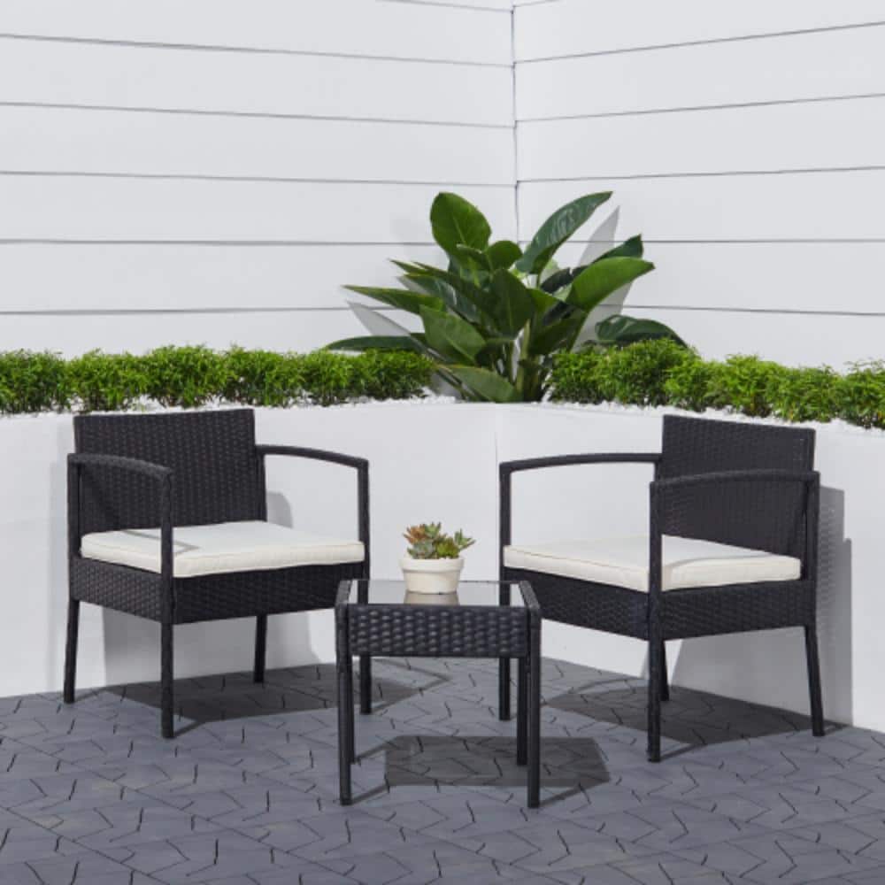 Classic Black 3-Piece Wicker Coffee Lounger 15 in. H Outdoor Bistro Set wit