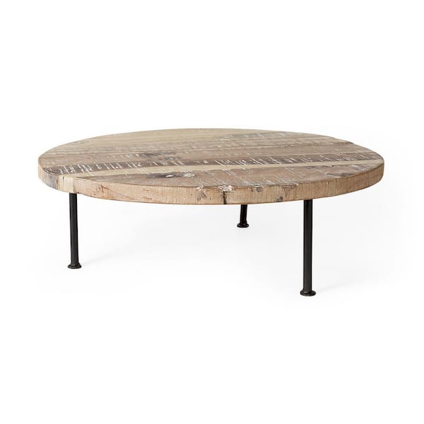 Cedric Light Brown Reclaimed Wood w/ Black Iron Frame Round Decorative Display Stand, Large