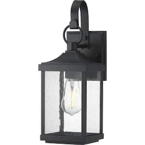Park Court 15 in. 1-Light Textured Black Traditional Outdoor Wall Lantern with Clear Seeded Glass