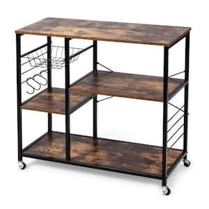Metal Frame Brown Engineered Wood Shelf Rolling Kitchen Cart Baker's Storage Shelf
