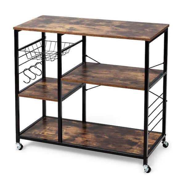 Bunpeony Metal Frame Brown Engineered Wood Shelf Rolling Kitchen Cart ...