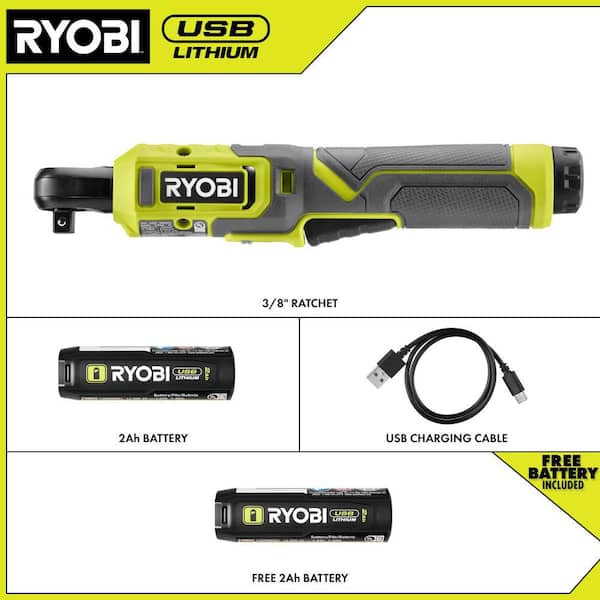 USB Lithium 3/8 in. Ratchet Kit with 2.0 Ah Battery and USB Charging Cable with USB Lithium 2.0 Ah Lithium Battery