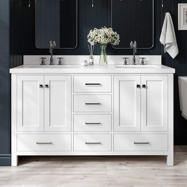 ARIEL Cambridge 61 in. W x 22 in. D x 36 in. H Vanity in White with Pure White Quartz Top