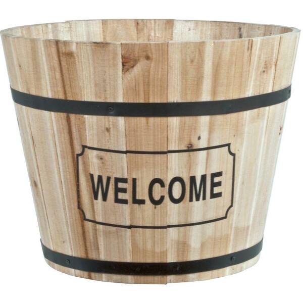 Pride Garden Products 15 in. Wood Barrel Planter with Welcome Decal