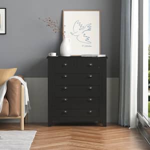 34 in. W x 17.7 in. D x 39 in. H Black Wood Linen Cabinet with 6 Drawers and Shell-Shaped Handles