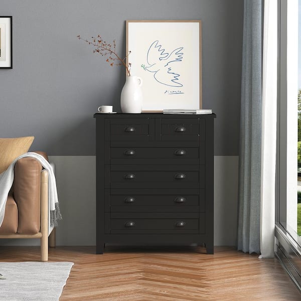 Unbranded 34 in. W x 17.7 in. D x 39 in. H Black Wood Linen Cabinet with 6 Drawers and Shell-Shaped Handles