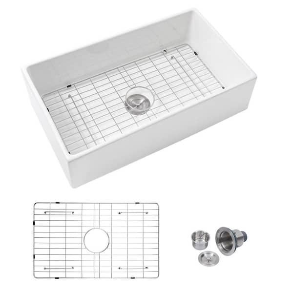 Logmey 33 in. x 20 in. Farmhouse Single Bowl White Fireclay Kitchen Sink with Bottom Grid and Drain Assembly