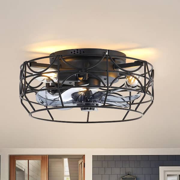 Breezary Sampson 12.5 in. Indoor Black Reversible Caged Ceiling Fan with Metal Light Kit and Remote Control Included
