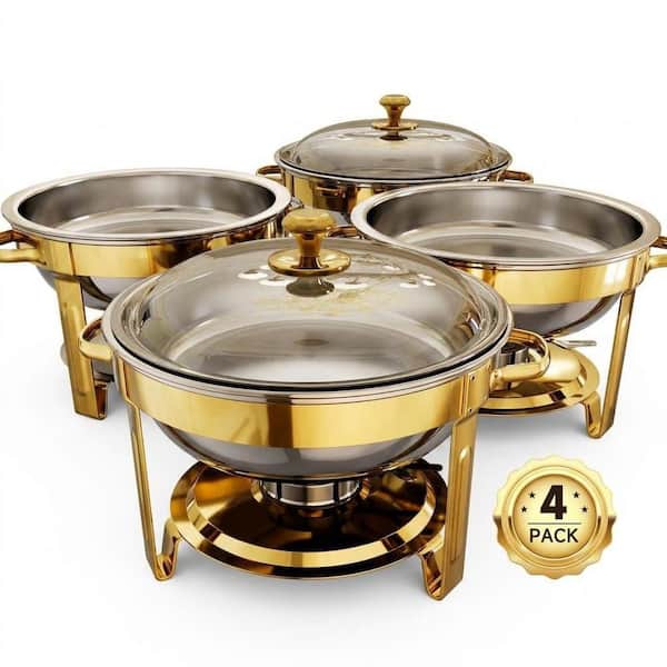 5 qt. Golden Stainless Steel Round Chafing Dish Buffet Set, 4-Pack for Catering and Home Events