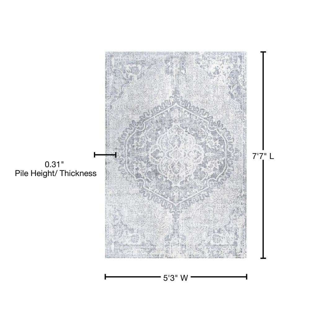 Reversible Gray Synthetic Vintage Medallion Runner Rug 5'x8'