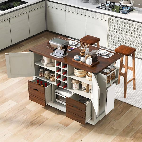 White Wood Kitchen Cart with Drop Leaf, Power Outlet, Removable Hollow Wine Racks, 2 Drawers
