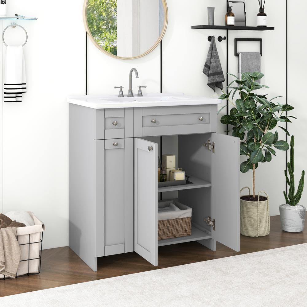30 in. W x 18 in. D x 35 in. H Freestanding Bath Vanity in Gray with White 