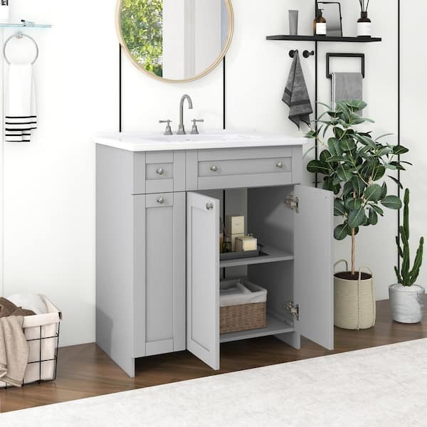 Unbranded 30 in. W x 18 in. D x 35 in. H Freestanding Bath Vanity in Gray with White Ceramic Top