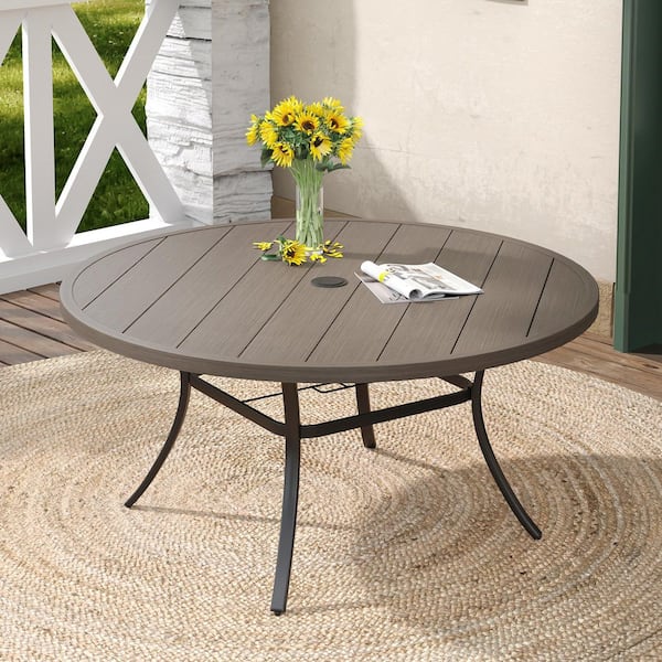 Erovio 50 in. Gray Wood-Like Round Metal Outdoor Dining Table for