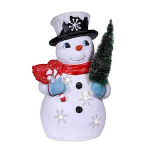 25 in. Tall Vintage Snowman Holding Tree with Warm White LED Lights