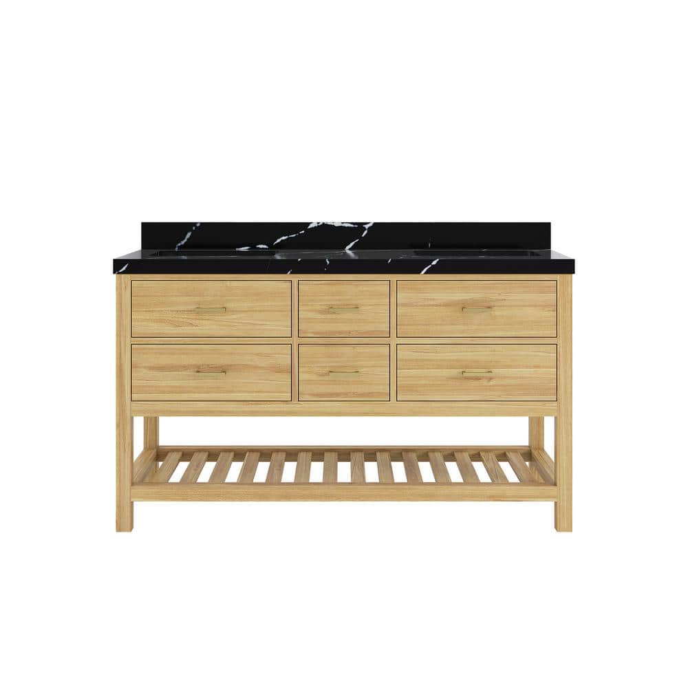 Parker Teak 60 in. Double Sink Freestanding Light Natural Bath Vanity with Calcutta Black Quartz Top Unassembled price history on PriceWatchPro