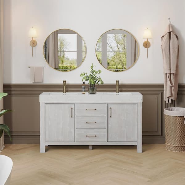 ROSWELL León 60 in. W x 22 in. D x 34 in. H Double Bath Vanity in Washed White with White Composite Stone Top and Mirror