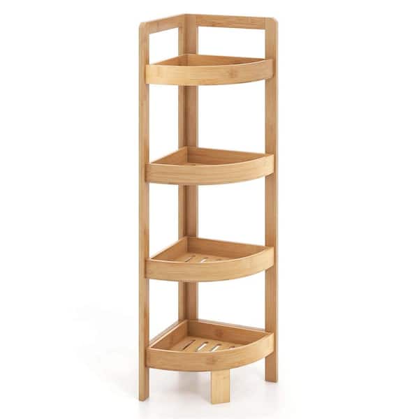 Costway Bamboo Freestanding Corner Shelf with Fall Prevention Rails Shower Caddy in Natural Finish
