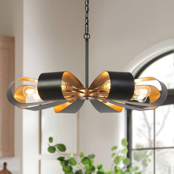 Modern Industrial 32.6 in. 8-Light Gold Round Chandeliers, Black Chandelier Lighting with Bow Petal Shade Living Room