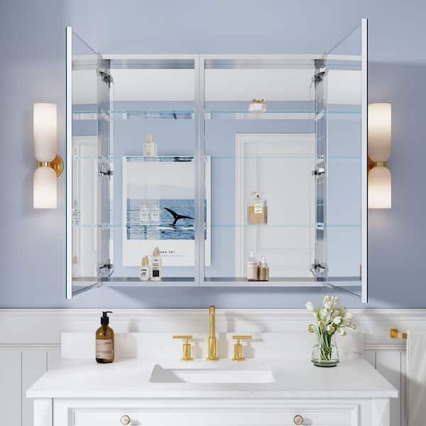 ROSA 36.1 in. W x 36 in. H Surface/Recessed Mount Square Tri-View Aluminum Medicine Cabinet with Mirror, Combo Set