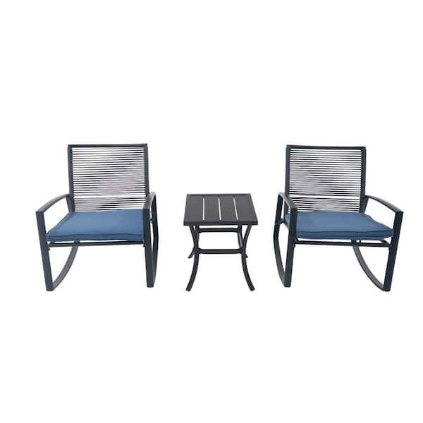 3-Piece Black Metal Outdoor Rocking Recliner with Blue Cushions and Steel Side Table