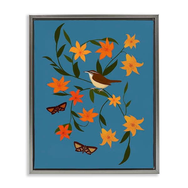 Stupell Industries Sparrow on Lily Bunches by Michelle Ingari Designs Gray Floater Frame Nature Graphic Art Print 21 in. x 17 in.