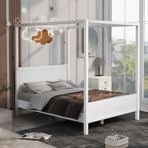 White Frame Queen Size Canopy Bed with Headboard and Footboard, Slat Support Leg