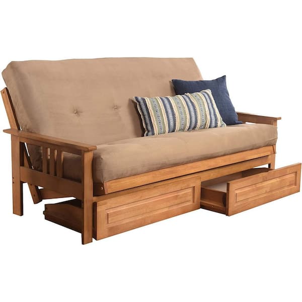 79 in. Butternut/Suede Peat Polyester Upholstered Full Size Futon Set with Mattress and Storage Drawers