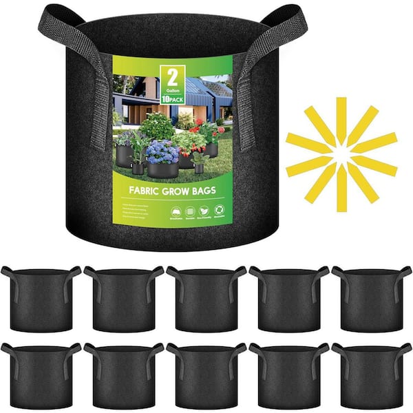 Primehome 2 Gal. Grow Bags Garden Planting Bag w/ Reinforced Handle and Harvest Window Thickened Non woven Fabric in Black 10-Pack