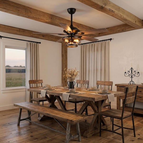 Paquette 52 in. Industrial Indoor Matte Black Ceiling Fan with Light Kit and Remote Control