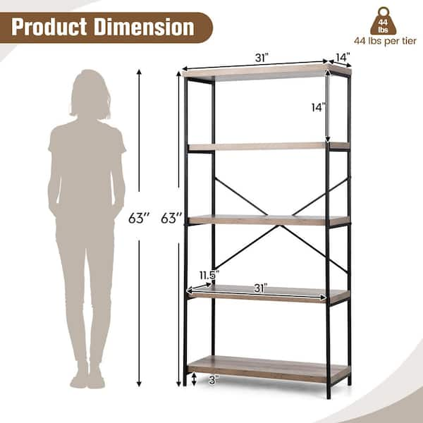 5-Tier Rustic Industrial Bookshelf Display Décor Accent w/ buy Metal Frame, Wooden