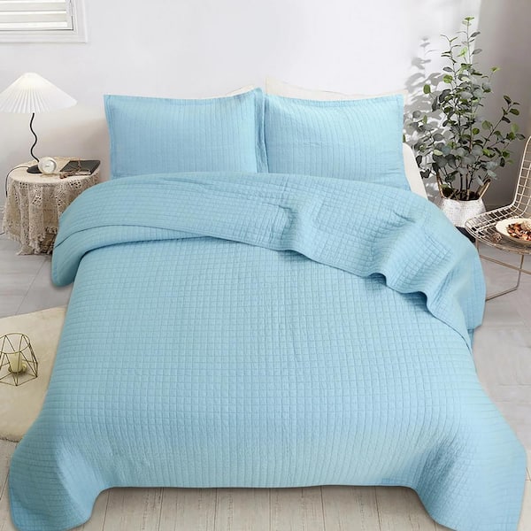 B70 3-Piece Blue Check 100% Cotton King Size Lightweight Quilt Bedspread Set
