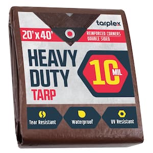 Tarplex 20 ft. x 40 ft. Brown Silver Heavy-Duty Tarp 10 Mil Poly, Waterproof UV Resistant for Patio Pool Cover Roof Tent