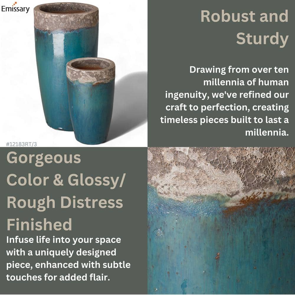 Teal and Gray Tall Ceramic Planter for Indoor/Outdoor Use