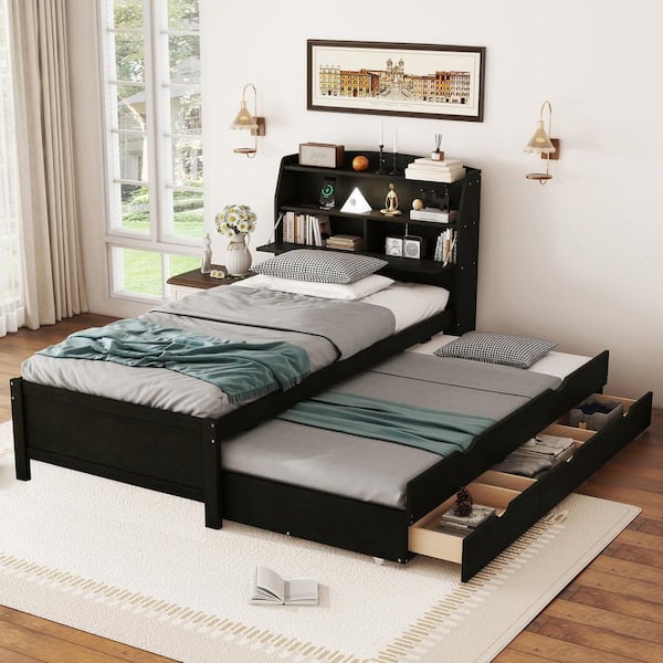 Espresso Black Wood Frame Twin Size Platform Bed with LED, Drawers, Trundle and Storage Headboard