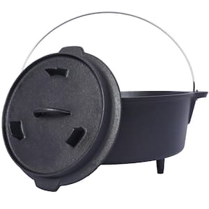 12 qt. Cast Iron Dutch Oven, Outdoor Camping Deep Pot with Skillet Lid and Leg Base, Black