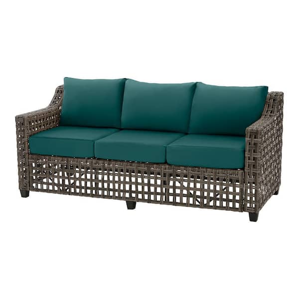 Hampton Bay Briar Ridge Brown Wicker Outdoor Patio Sofa with CushionGuard Malachite Green Cushions