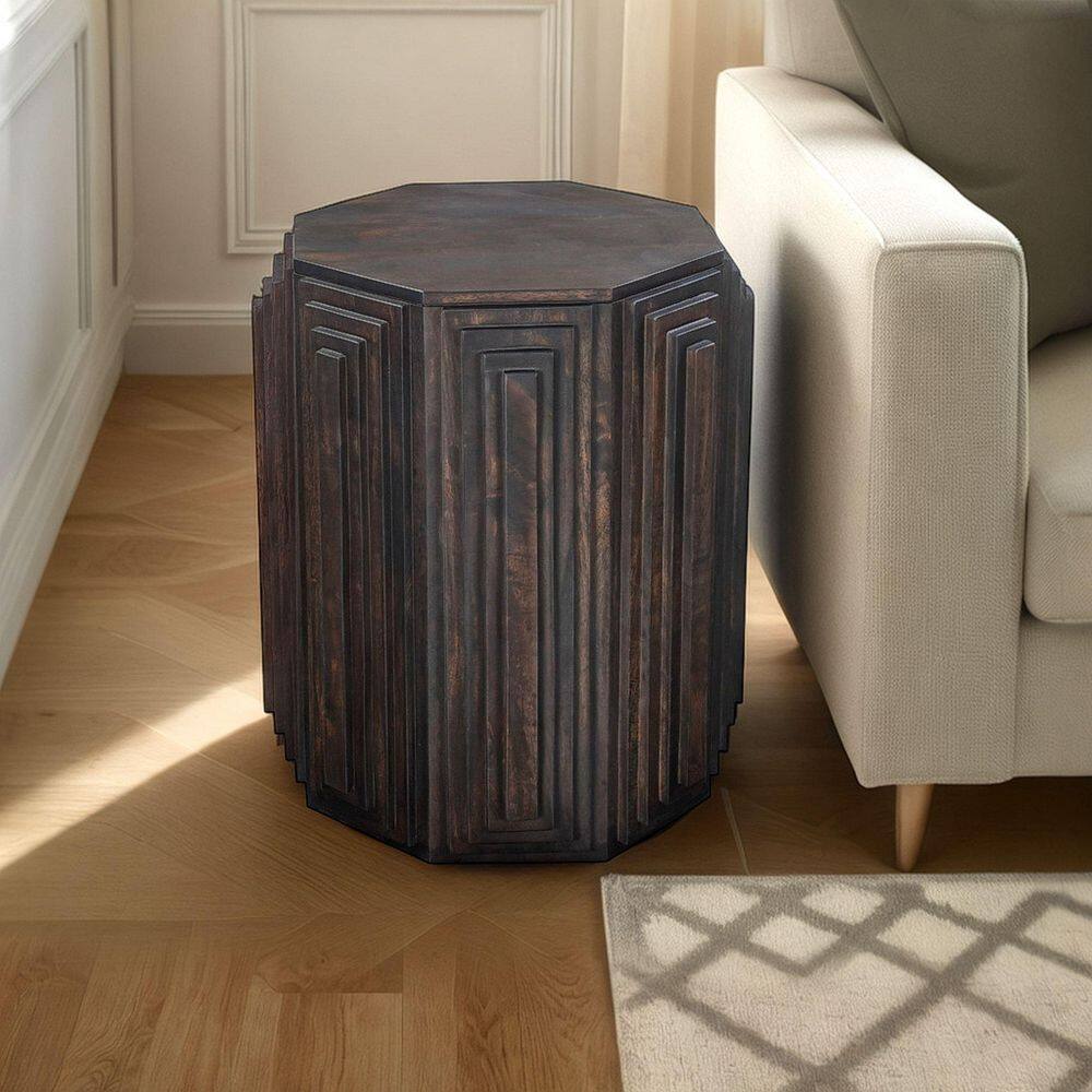 Cascade Falls 22 in. Round Java Wood Geo Design Octagonal End Table AT ...