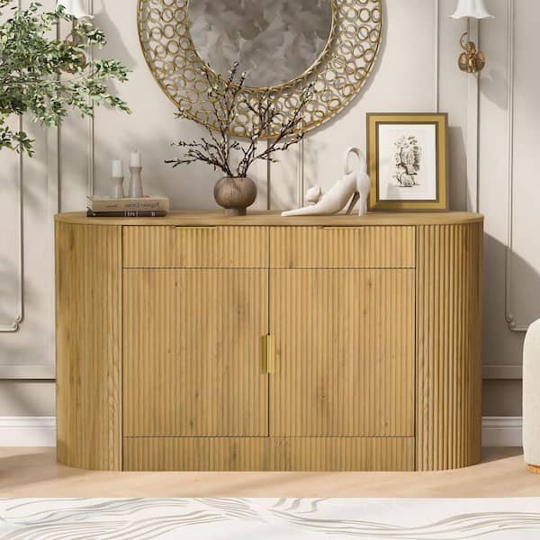Natural Brown 2-Door MDF 55.1 in. Buffet SideBoard with Curved Side Door, 2-Drawers and 3-Tier Shelves