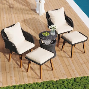 5-Piece Black Wicker Outdoor Bistro Sets with Beige Cushions, Cool Bar Table, Ottomans for Porch, Backyard, Balcony
