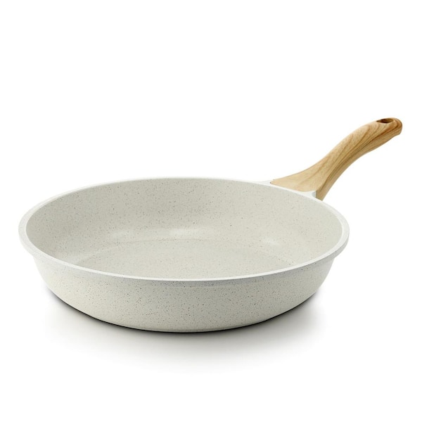 Adrinfly 12.5 in. Cast Aluminum Nonstick Coating Frying Pan White Comfortable Grip Bakelite Handle Wood Grain Design