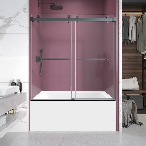CKB 60 in. W x 60 in. H Double Sliding Frameless Shower Tub Door in Matte Black with Clear 3/8 in. Glass