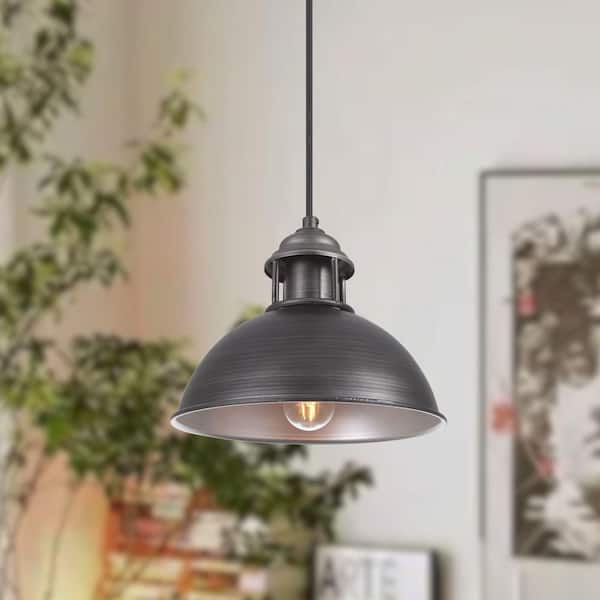 HUOKU Potlid 1-Light 9.1 in.W Brushed Antique Silver Pendant Light Industrial Minimalist Hanging Barn Light for Kitchen Island
