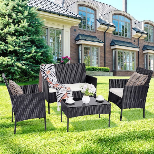 4-Piece Black Wicker Patio Conversation Set with Beige Cushion and ...