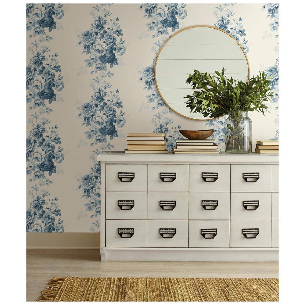 Blue Floral Vinyl-Coated Removable Wallpaper Roll