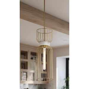 Park Slope 60-Watt 1-Light Nouveau Gold Cage Mini Pendant Light with Faux Alabaster Ring and No Bulbs Included